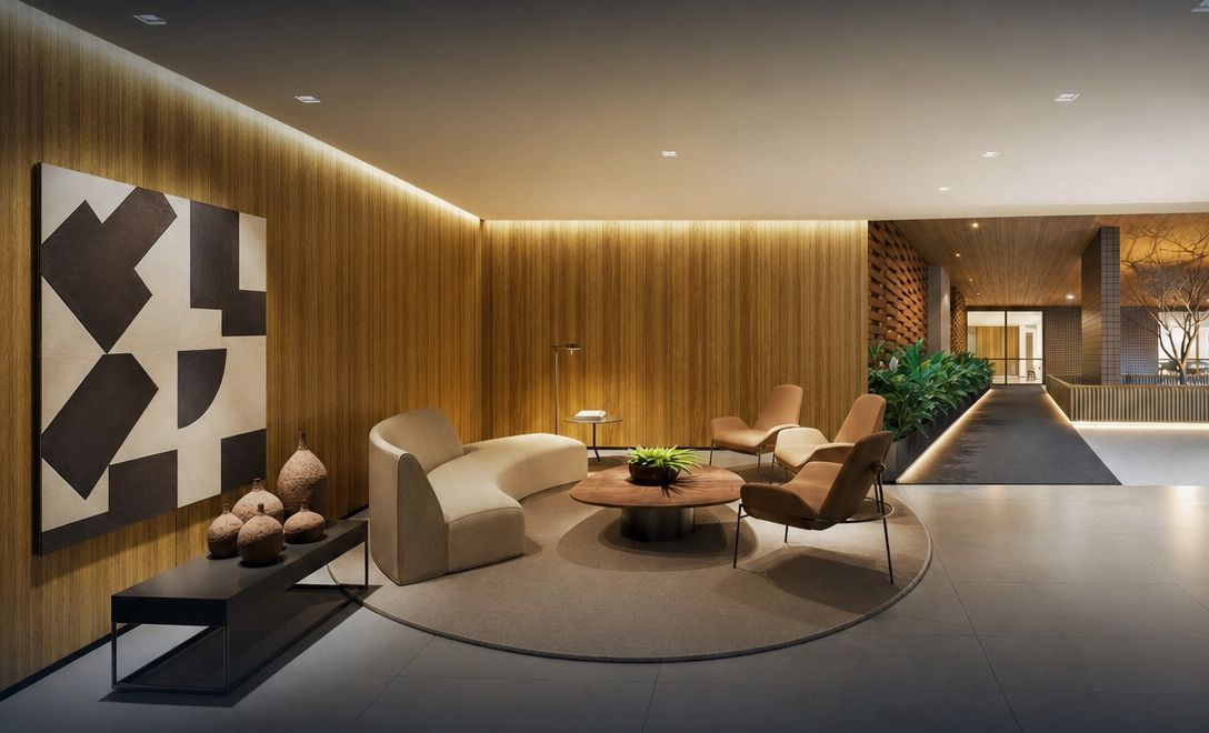 Hall de entrada com revestimento em madeira
