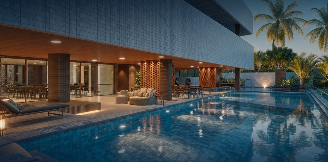Piscina iluminada na área de lazer